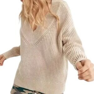 Aerie Oversized Sweater V-Neck Cotton Tan Beachy Chunky Knit Relaxed (Size XL)